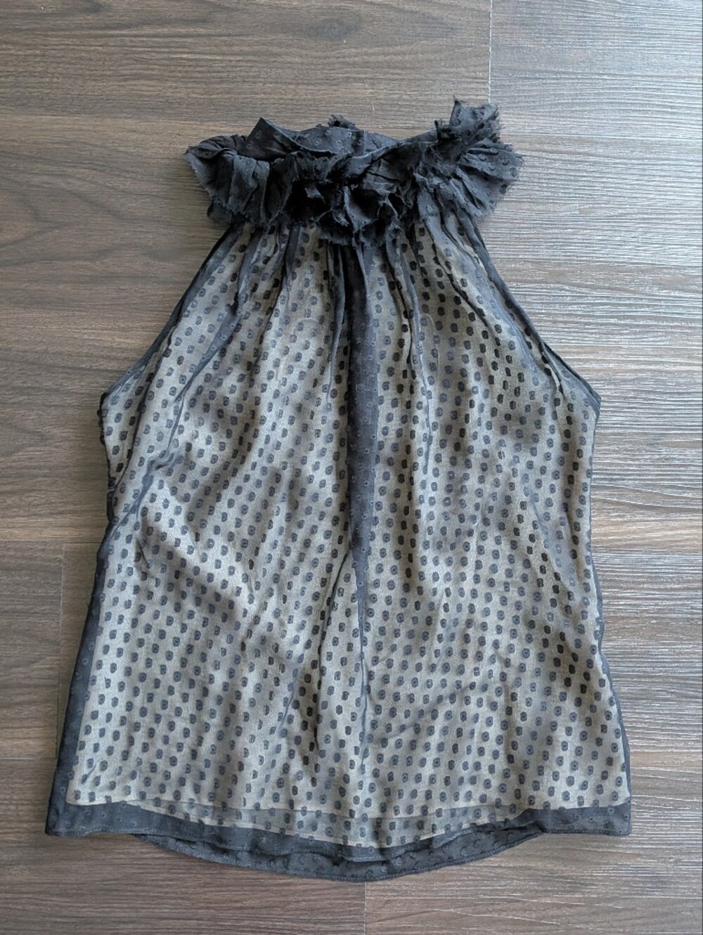 Milly Of New York Black/Nude Silk Top High Neck Ruffle Polka Dot Sleeveless 6